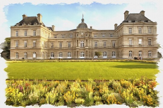 Luxembourg Palace. French Senate. Imitation of oil painting. Illustration