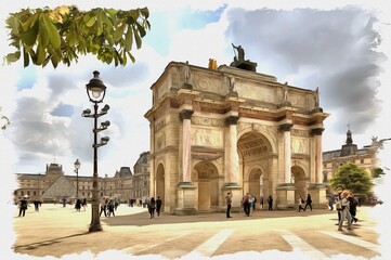 Paris. Small Triumphal arch is in the Tuileries Gardens. Imitation of oil painting. Illustration