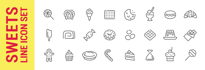 Sweets line icon set. Outline isolated icons collection. Cakes, candys & bakery. Vector illustration