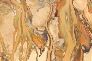 Aerial view of the salt pan and mineral crust of Lake Natron, in the Great Rift Valley, on the...