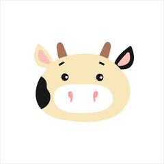 Vector Illustration of a funny cow's face. Isolated on white background. Flat and cartoon farm animal.Cute calf with horns. Livestock. For design,web,graphic. Head animal's. 