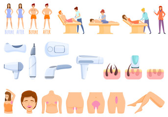 Obraz premium Laser hair removal icons set. Cartoon set of laser hair removal vector icons for web design