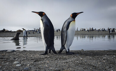 Two king penguins standing back to back with water, seals and lots more penguins in the background