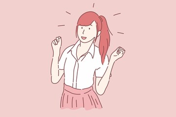 Happy pretty girls raised her hands on both sides, Cheerful, happy, excited concept.