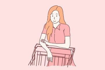 Woman and shopping cart, shopping time concept, Hand drawing character vector.