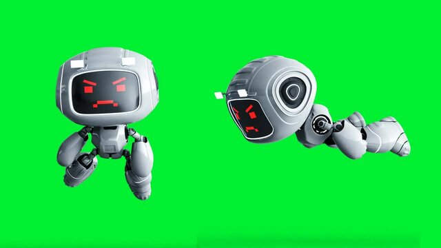 Angry white toy robot animation. Phisical motion blur. Realistic green screen 4k animation. Green screen