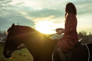 A girl with curly brown hair sits on a horse in the saddle. They meet the sun in a green field. Red dress in a flower. Big, brown horse in a sled. The blue sky is covered with white clouds. Bright ray