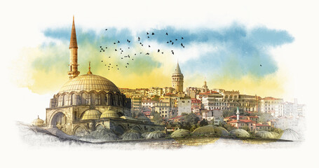 Naklejka premium Hagia Sophia. Istanbul, Turkey. Graphical sketch. Watercolor sketch.
