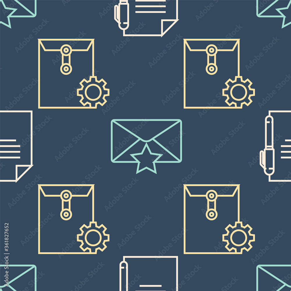 Aufkleber set line document and pen, envelope setting and envelope with star on seamless pattern. vector.