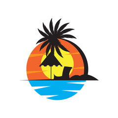 sunset coconut tree colorful beach illustration vector design