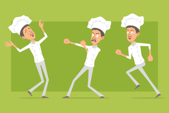 Cartoon flat funny chef cook man character in white uniform and baker hat. Man running, fighting and falling down. Ready for animation. Isolated on green background. Vector icon set.