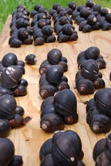 
Black river conch on the wooden table ,trinidad and tobago.Pomacea urceus Trinidadian delicacy .
