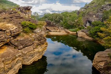 Large rock formations on the banks of the Santo Antonio River, municipality of Conceicao do Mato Dentro, state of Minas Gerais, Brazil