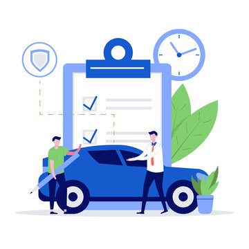 Car insurance concept with car, contract paper and people characters. Modern vector illustration in flat style for landing page, mobile app, banner, web, backgrounds, infographics, hero images