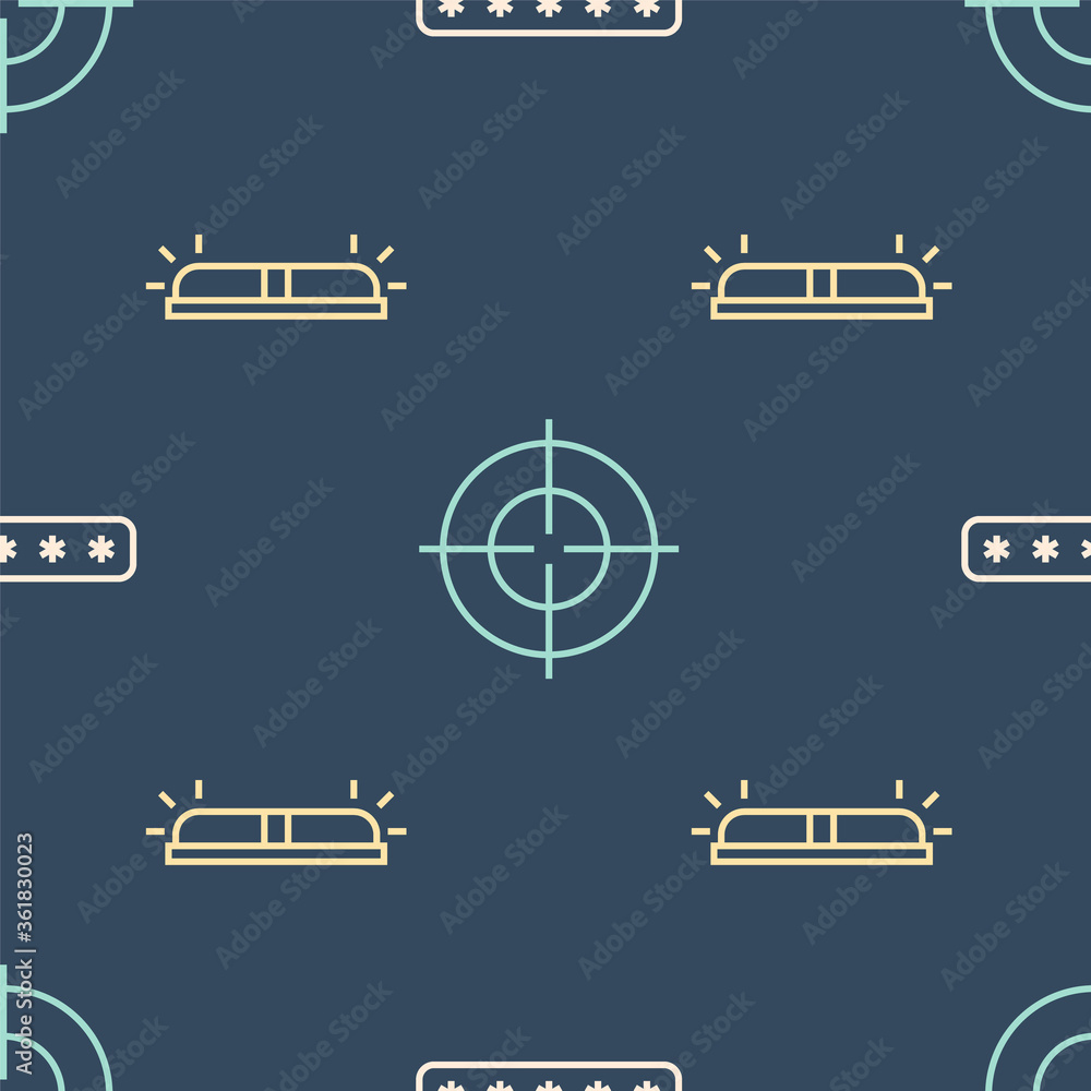 Poster set line password protection, flasher siren and target sport on seamless pattern. vector.