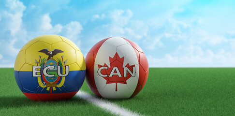 Ecuador vs. Canada Soccer Match - Soccer balls in Ecuador and Canada national colors on a soccer field. Copy space on the right side - 3D Rendering 