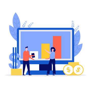 Financial management concept with people characters, laptop, money and calculator. Modern vector illustration in flat style for landing page, mobile app, web banner, infographics, hero images