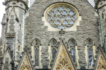 Gothic Revival Montreal Christ Church Cathedral (was formerly the first Anglican Cathedral of Montreal, 1860). Saint Catherine Street West, Montreal, Province of Quebec, Canada.