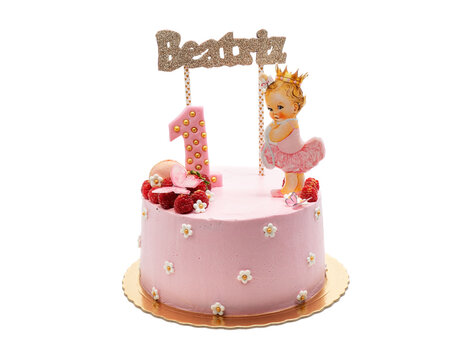 Beautiful children's cake for a girl for a holiday in pink colors. Nome Beatriz. On a white background.