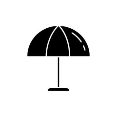 Beach umbrella black glyph icon. Parasol to protect from sun burn. Relax on resort. Shelter for hot weather. Sunbathing in summertime. Silhouette symbol on white space. Vector isolated illustration
