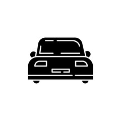 Auto black glyph icon. Front view on car. Vehicle for transportation. Personal car. Clear windshield. Sedan for carsharing. Taxi service. Silhouette symbol on white space. Vector isolated illustration