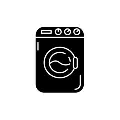 Laundromat black glyph icon. Public laundry place. Electric washing machine. Apartment amenity. Technology to tide garment. Silhouette symbol on white space. Vector isolated illustration