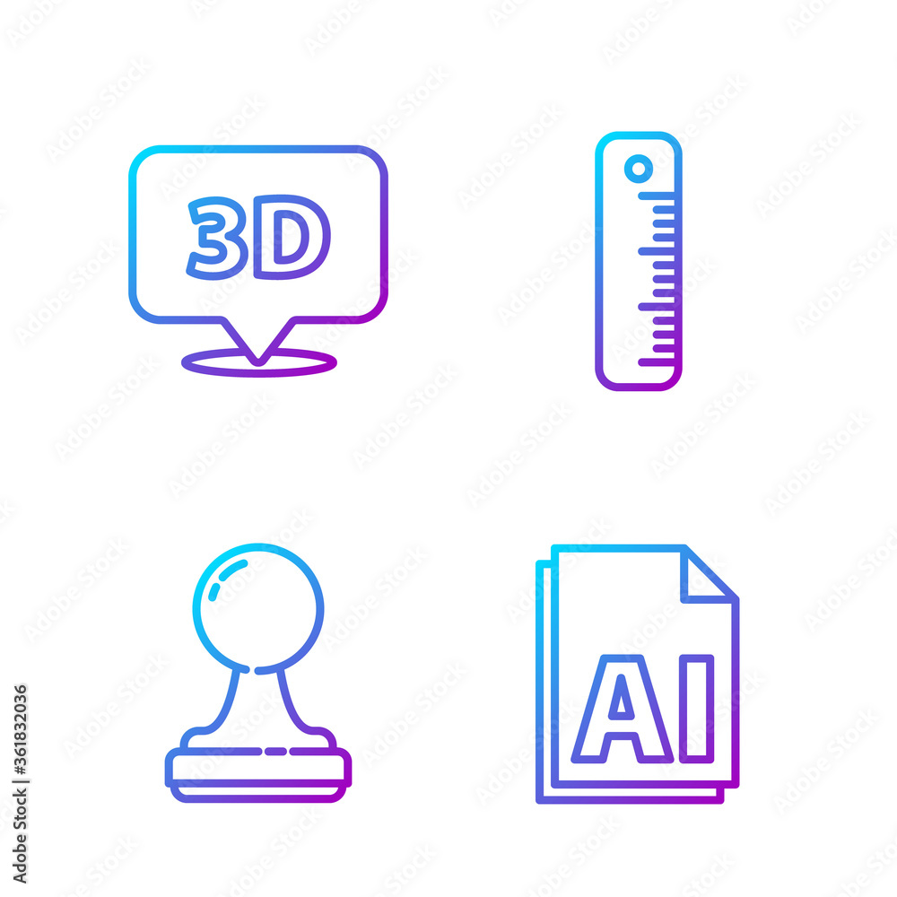 Poster set line ai file document, stamp, speech bubble with text 3d and ruler. gradient color icons. vector