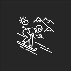 Skiing chalk white icon on black background. Winter vacation, seasonal extreme tourism. Active recreation at alpine ski resort. Sportsman skiing downhill isolated vector chalkboard illustration