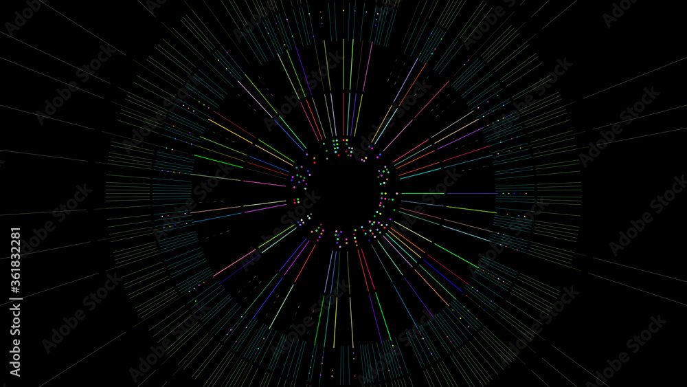 Poster 2d render of circular structure with lines and circles. complex data concept. colorful technology ba