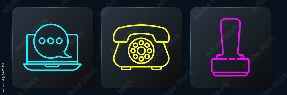 Poster set line chat messages notification on laptop, stamp and telephone. black square button. vector.