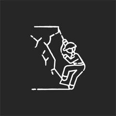 Mountaineering chalk white icon on black background. Extreme tourism activity, dangerous adventure vacation. Alpine climbing sport, mountains exploration. Isolated vector chalkboard illustration