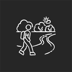 Hiking trail chalk white icon on black background. Active outdoor recreation, trekking tour. Healthy lifestyle activity, fresh air walks. Tourist in forest isolated vector chalkboard illustration