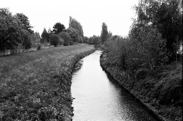 black and white photo of canal in birmingham uk