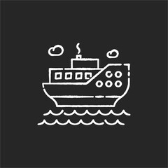 Sea cruise chalk white icon on black background. Nautical tourism, holiday voyage, sailing. Luxurious journey, vacation on ocean liner. Large passenger ship isolated vector chalkboard illustration