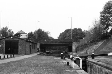black and white photo of canal in birmingham uk