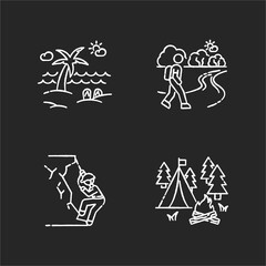Outdoor recreation chalk white icons set on black background. Active rest and natural tourism. Summer seaside resort, hiking mountaineering and camping. Isolated vector chalkboard illustrations