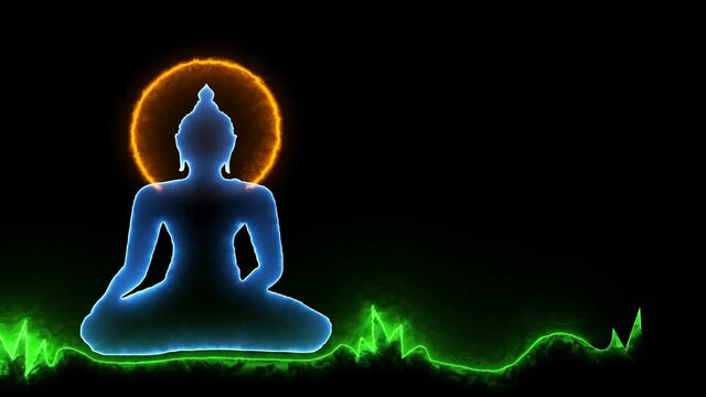 Neon line creating glowing Buddha background. Glowing and sparkling meditating Buddha background.