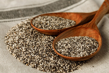 Wooden spoon with chia seeds close up