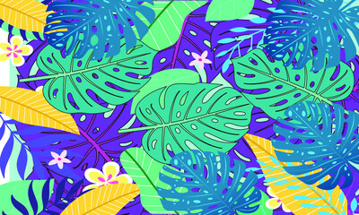 Fototapeta na wymiar Summer tropical background with leaf and flowers,Trendy Abstract and modern vivid and vibrant spring wallpaper for cards,web,book,social media,ads and Magazine.Vector Illustration.