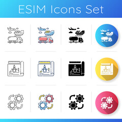 Manufacturing stages icons set. Linear, black and RGB color styles. Commercial shipping, product drafting and maintenance service. Production processes. Isolated vector illustrations