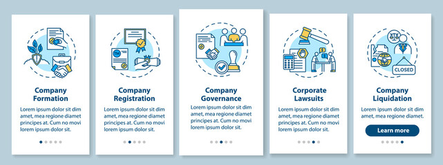 Corporate law onboarding mobile app page screen with concepts. Company formation. Business life cycle walkthrough 5 steps graphic instructions. UI vector template with RGB color illustrations