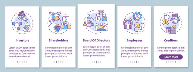 Corporate law regulation onboarding mobile app page screen with concepts. Investors, stakeholders. Walkthrough 5 steps graphic instructions. UI vector template with RGB color illustrations