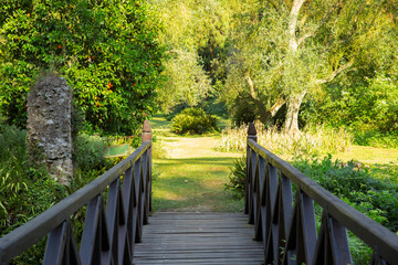 The wooden bridge of Ninfa, an ancient medieval town located in the province of Latina, Italy. Now it is part of the complex of Ninfa gardens.
