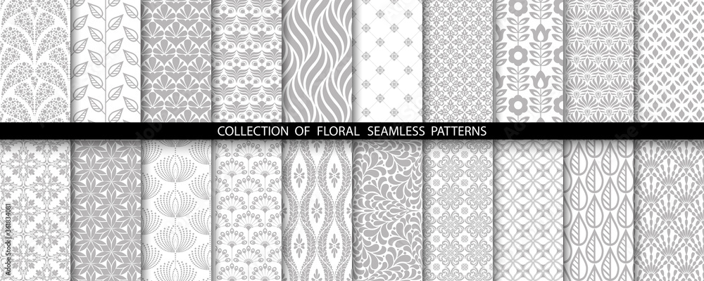 Aufkleber geometric floral set of seamless patterns. gray and white vector backgrounds. simple illustrations.