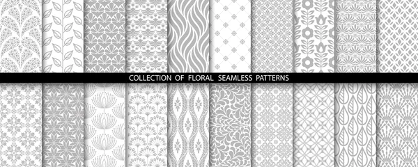 Poster Geometric floral set of seamless patterns. Gray and white vector backgrounds. Simple illustrations. © ELENA