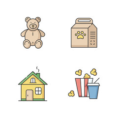 Lifestyle RGB color icons set. Stuffed toy for children. Plush bear for kids. Home improvement. Pet care product. Cat food in bag. Popcorn and drink for cinema. Isolated vector illustrations