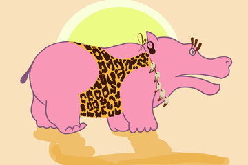 sunburned pink hippo in leopard coloured swimsuit and decorative fang necklace