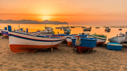 Colourful fishing boats pulled onto the beach Aspra Sicily at sunset on a summer's evening