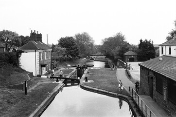 black and white photo of canal in birmingham uk