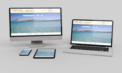 Flying desktop computer, mobile and tablet 3d rendering showing travel senior responsive web design .3d illustration